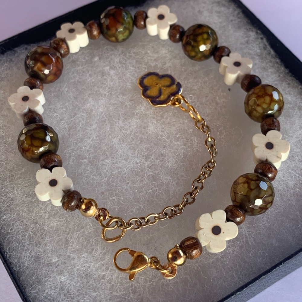Handmade Floral Olive Green & Brown Beaded Bracelet